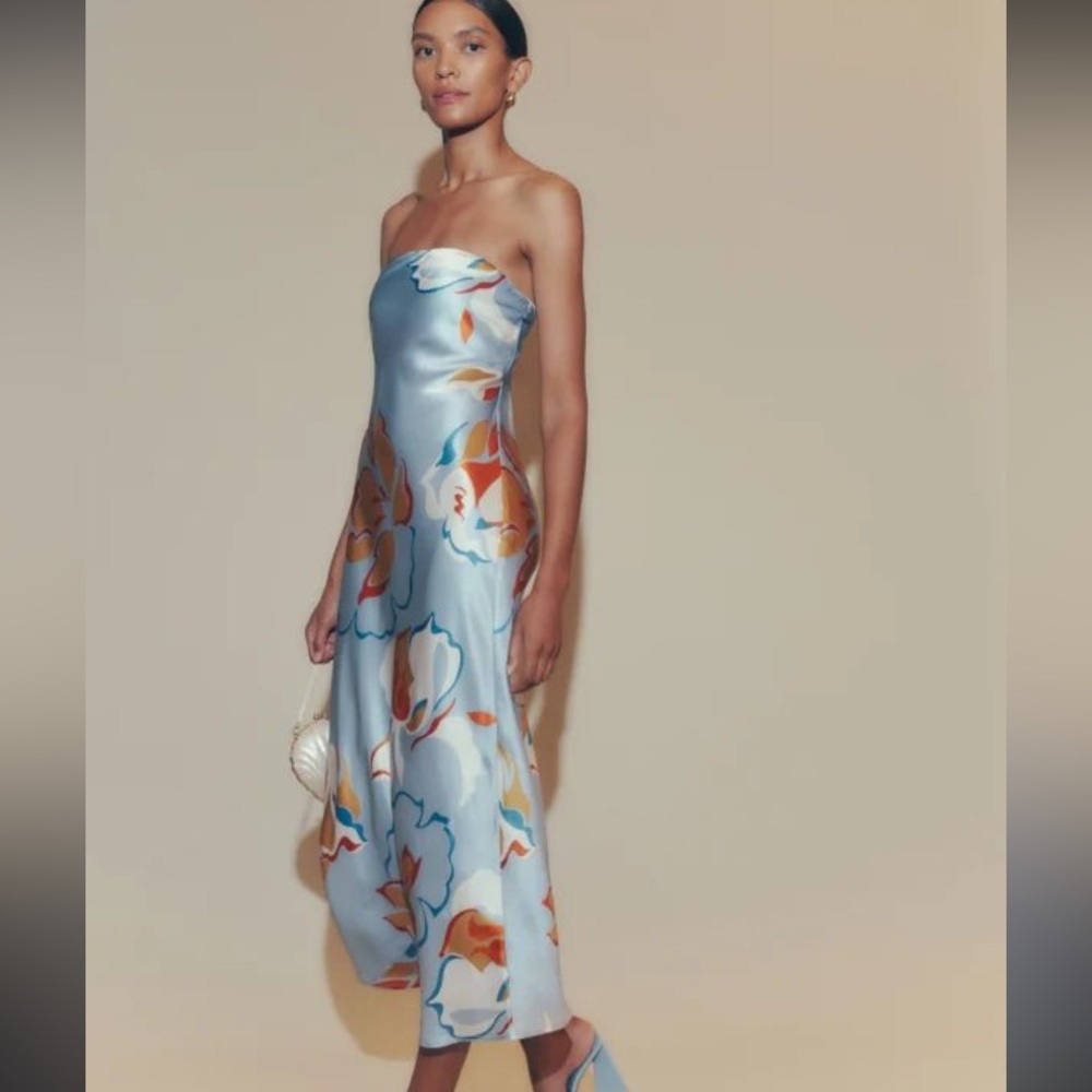 Reformation Blue Strapless Bustier Midi Dress